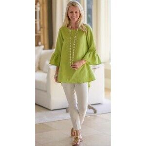 Crown Linen Designs Light Green Bella Bell Sleeve Linen Tunic Top Size XL